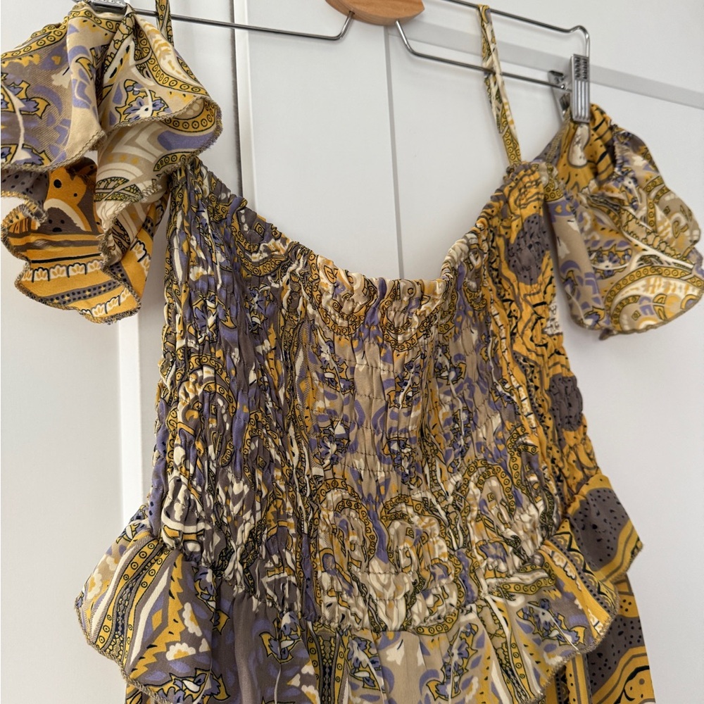 Yellow Paisley Off Shoulder Boho Maxi Dress sz M Festival Indie Airy Celestial - Picture 2 of 9